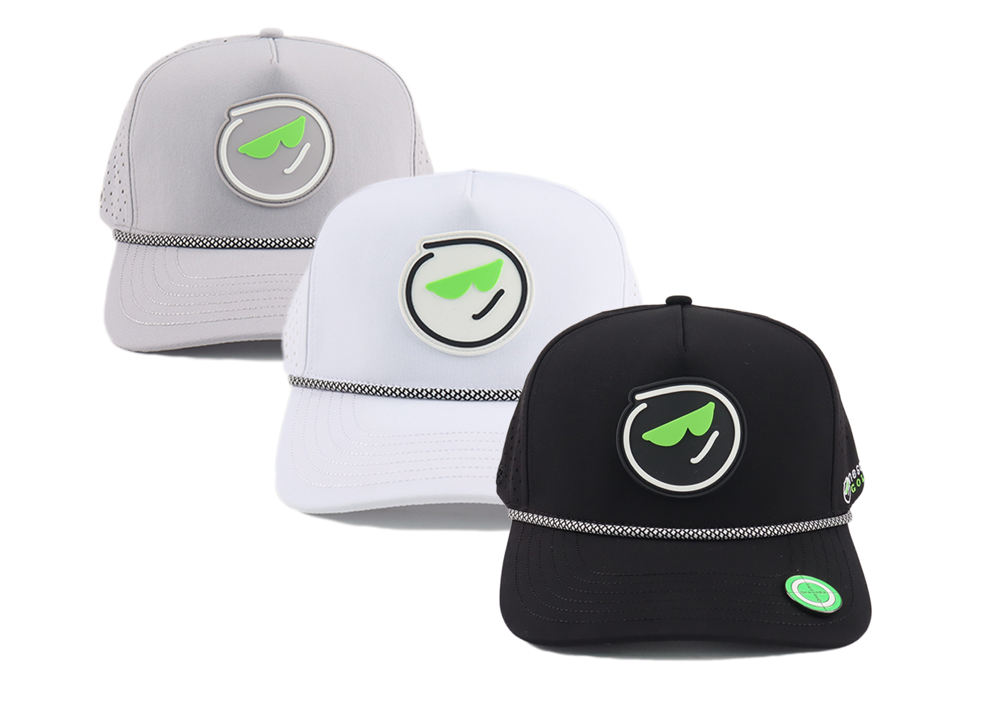 Black, gray, and white Onesome hats lined up diagonally. 